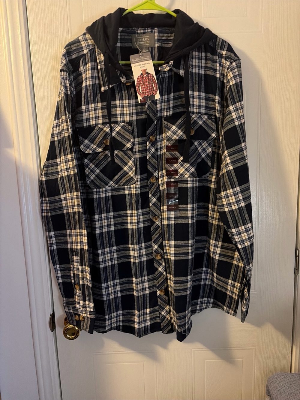 Berkley Jensen Hooded Flannel Shirt Mens XL Blue Maritime Plaid Relaxed Fit NWT